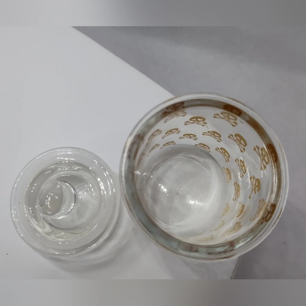 Vintage Gold Skull Cross Bone Glass Jar Poison Barware Stash Container with Top
